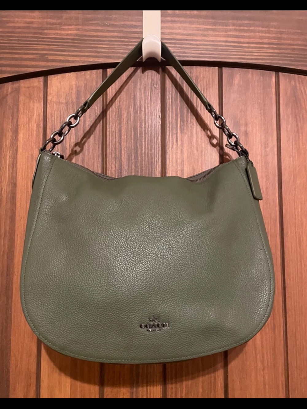 Coach Olive Green Pebbled Leather Shoulder Hobo with Chain Strap